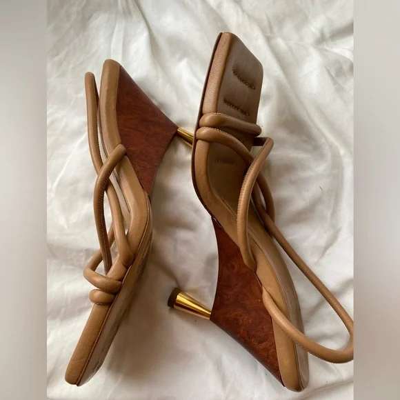 Gia Borghini Tan Strappy Square-Toe Heels with Gold Flared Heel - Picture 5 of 10